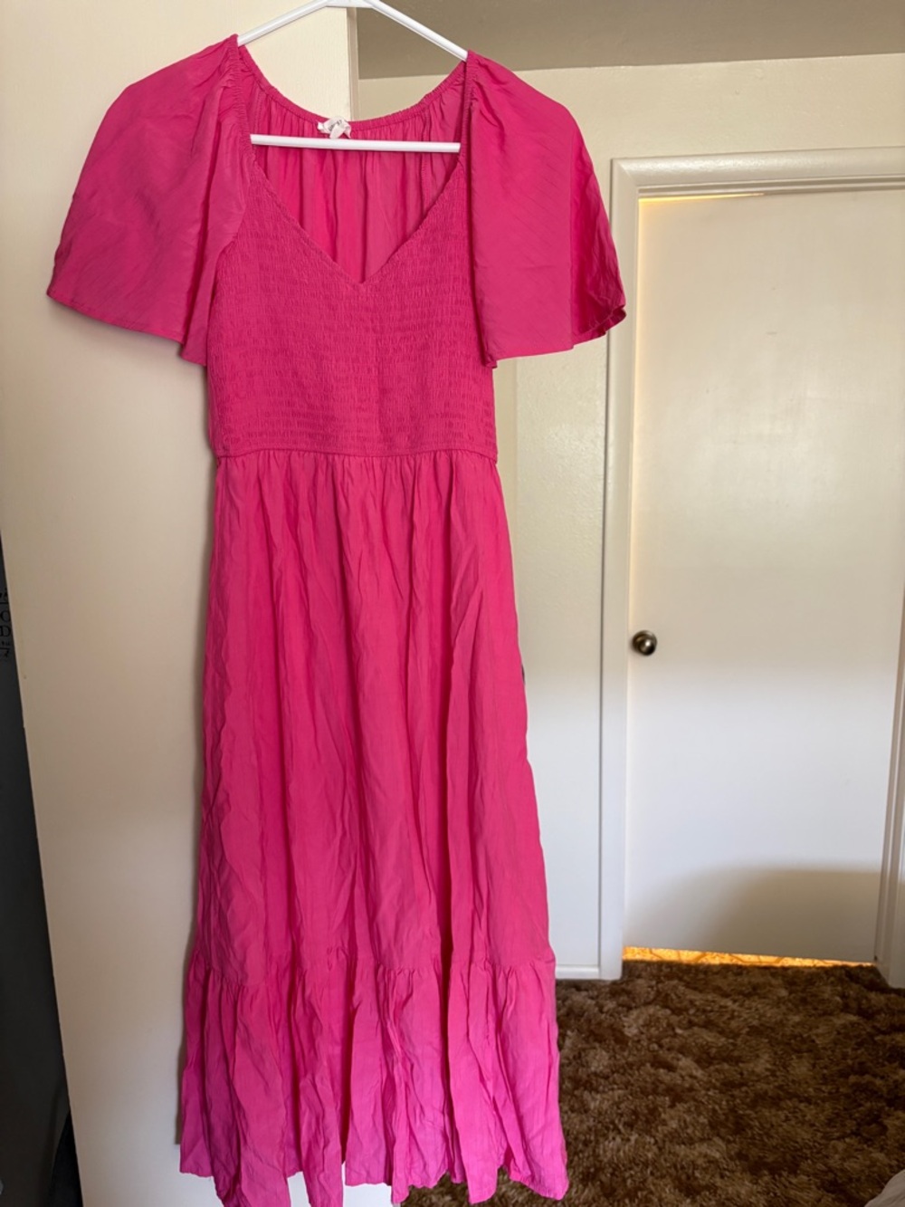 Women's Hot Pink Midi Dress with Flutter Sleeves